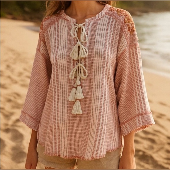 Johnny Was Red and White Striped Tunic with Embroidery - perfect condition! - Picture 2 of 8